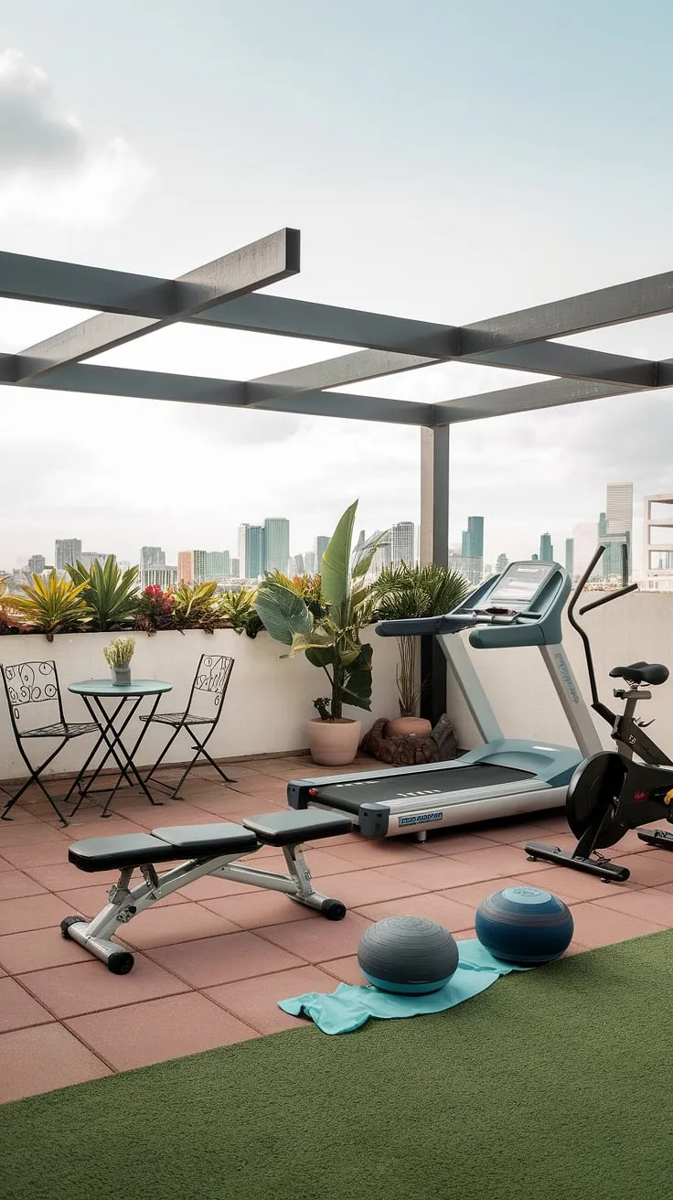 Unwind and revitalize in your own private terrace gym.  This outdoor gym design seamlessly integrates fitness equipment with a tranquil outdoor setting, offering the ultimate in backyard gym ideas.  From the treadmill to the weights, this home gym provides everything you need for a complete workout, making it the perfect example of terrace gym ideas and a truly inspiring garden gym.