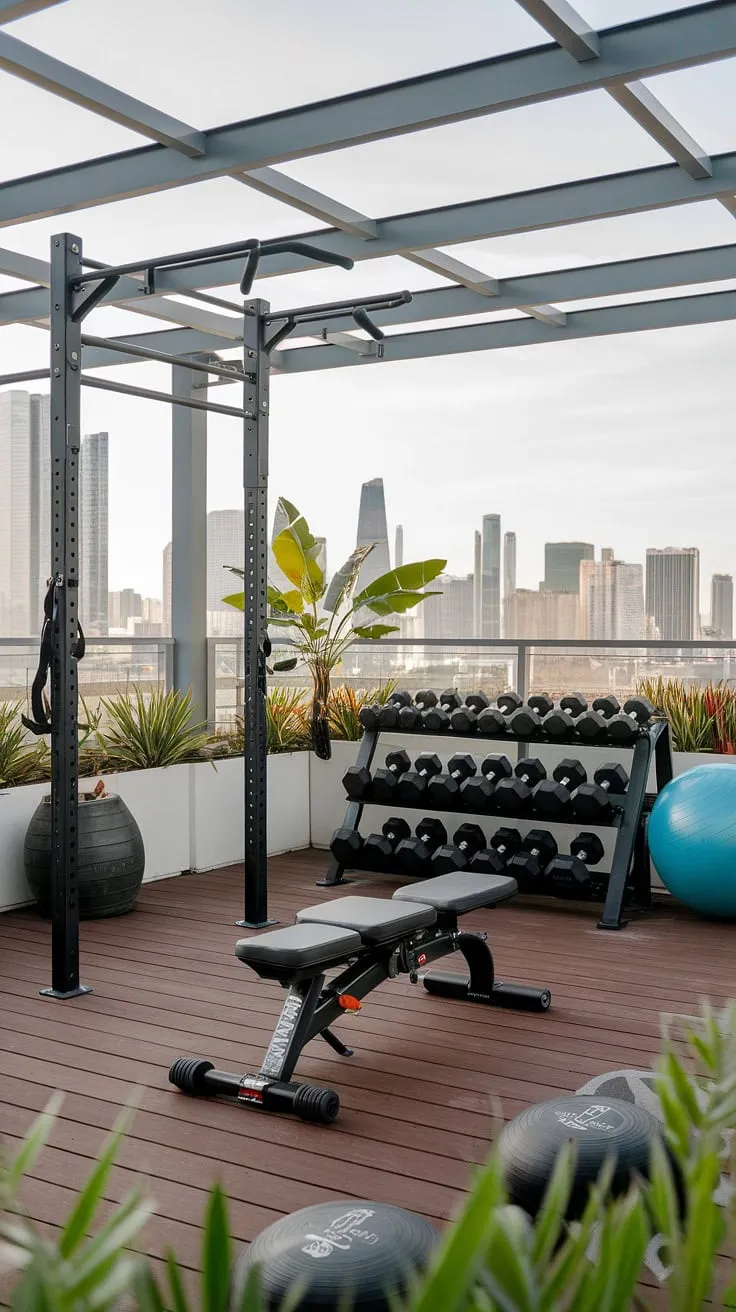 Escape the ordinary and elevate your fitness routine with this stunning terrace gym.  The perfect blend of outdoor wellness and urban views, this rooftop gym showcases inspiring backyard gym ideas and outdoor gym design, transforming your home gym into a tranquil garden gym.  Consider this your ultimate guide to terrace gym ideas for creating a backyard wellness area.