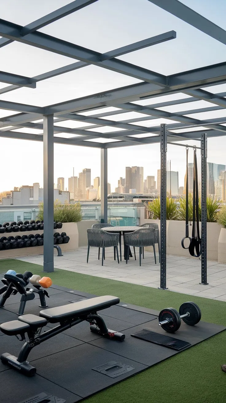 Transform your outdoor space into a luxurious garden gym with this inspiring rooftop gym design.  This home gym boasts a spacious terrace area perfect for post-workout relaxation, complete with a table and chairs.  Get inspired by these backyard gym ideas and create your own backyard wellness area.  The combination of functional workout equipment and a tranquil setting makes this outdoor gym design truly unique. Explore the possibilities of terrace gym ideas and outdoor gym ideas to create your dream fitness haven.