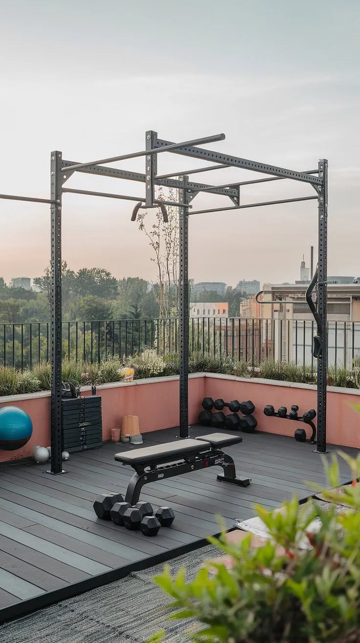 Transform your rooftop into a personal sanctuary with this inspiring outdoor gym design.  This terrace gym seamlessly integrates fitness equipment with a tranquil outdoor space, creating the ultimate backyard wellness area.  Get backyard gym ideas and terrace gym ideas from this home gym, showcasing the perfect blend of functionality and breathtaking views.  Consider this your guide to creating your own garden gym or outdoor gym.