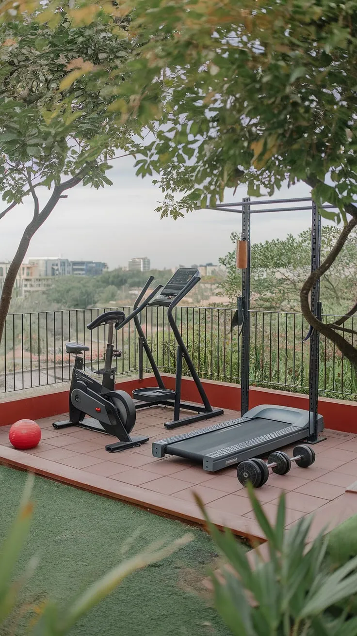 Escape the ordinary and elevate your fitness routine with this tranquil terrace gym.  Imagine your daily workout transforming into a serene escape, overlooking the cityscape from your own private rooftop gym. This outdoor gym design seamlessly blends backyard wellness area aspirations with practical home gym functionality, offering endless terrace gym ideas and garden gym inspiration.  Consider this your ultimate guide to backyard gym ideas, showcasing the perfect outdoor gym ideas for a peaceful and productive fitness journey.