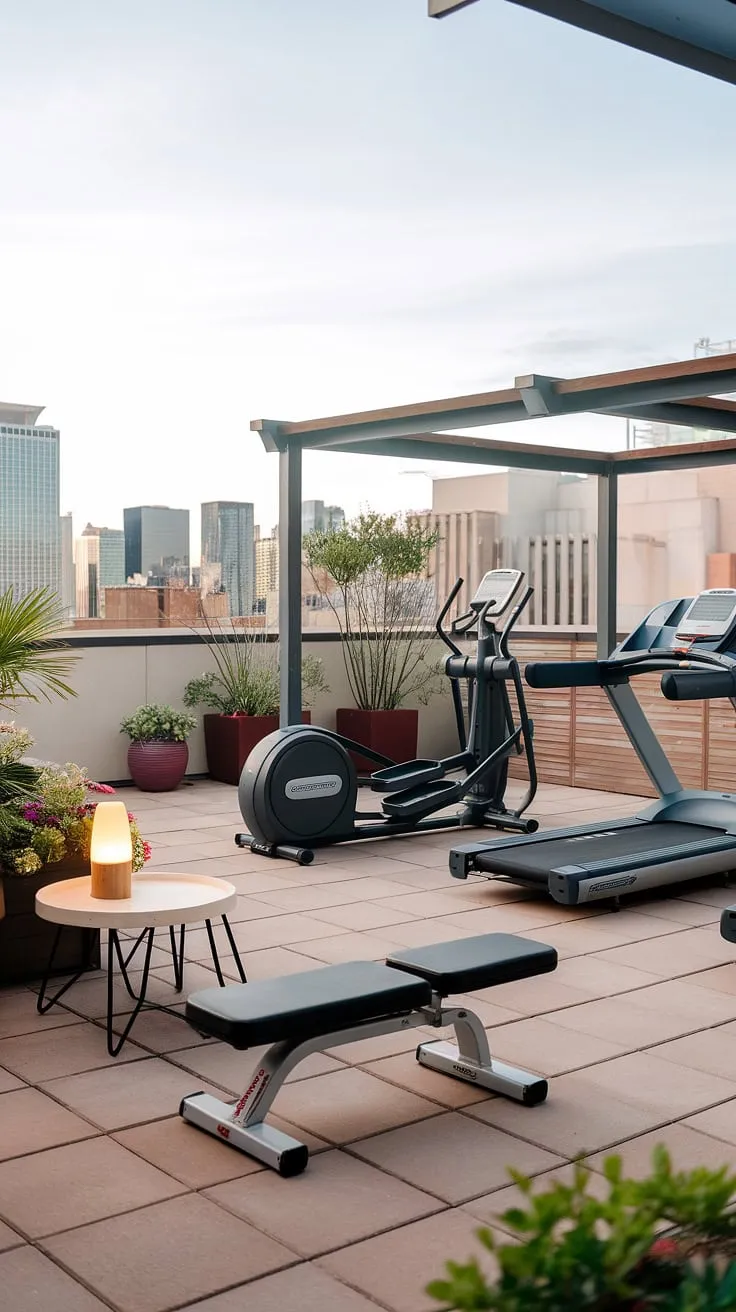 Escape the ordinary and elevate your fitness routine with this stunning rooftop terrace gym.  Imagine your daily workout overlooking breathtaking city views – the ultimate in outdoor gym design, blending backyard wellness area tranquility with a state-of-the-art home gym experience. This terrace gym showcases inspiring terrace gym ideas and garden gym possibilities, offering a unique take on backyard gym ideas and outdoor gym ideas.