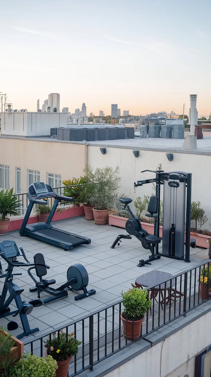 Transform your outdoor space into a breathtaking backyard wellness area with this inspiring rooftop gym.  This terrace gym seamlessly blends functionality and style, offering a unique outdoor gym design with a variety of equipment for a complete workout.  Get creative with your own backyard gym ideas and discover the ultimate home gym experience.  From terrace gym ideas to garden gym inspiration, this space offers the perfect blend of outdoor gym ideas for a truly rejuvenating fitness journey.