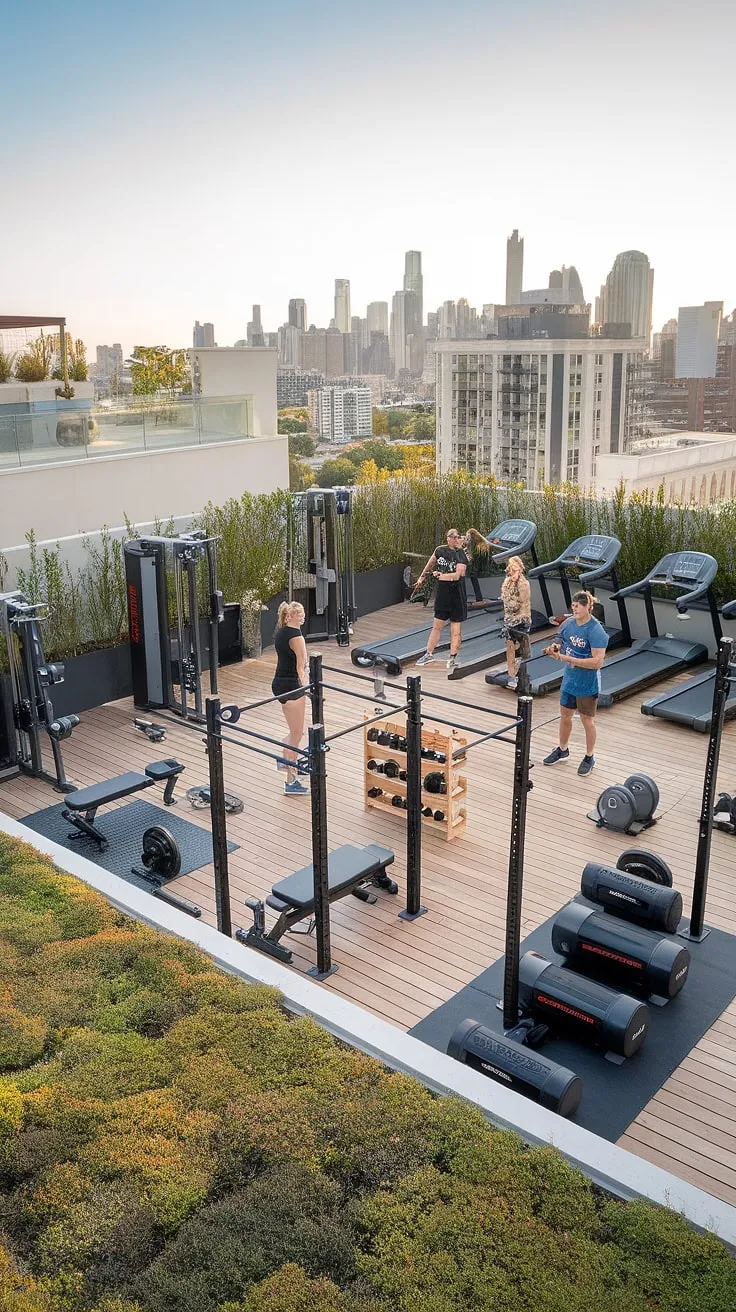 Escape the ordinary and elevate your workout routine.  This terrace gym showcases the best of outdoor gym ideas, transforming a rooftop into a personal sanctuary for fitness.  From the thoughtfully designed home gym equipment to the breathtaking city backdrop, this space embodies backyard gym ideas and outdoor gym design at its finest.  Imagine your own backyard wellness area, a garden gym where fitness meets tranquility.  Let this inspire your terrace gym ideas.