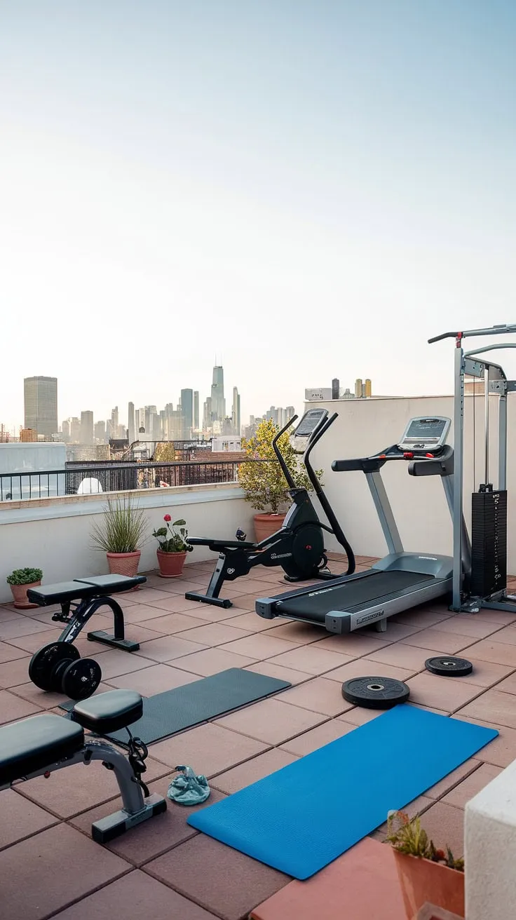Transform your rooftop into a personal fitness paradise. This rooftop gym showcases the best of outdoor gym design, blending sleek gym equipment with a serene terrace.  From the treadmill and weight bench to the yoga mat and calming plants, this outdoor gym ideas masterpiece creates a backyard wellness area that inspires both body and mind.  Consider this your ultimate guide to terrace gym ideas and home gym inspiration.