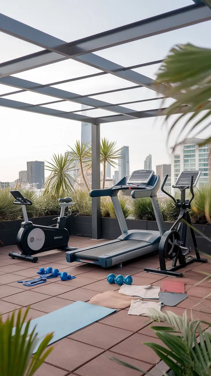 Transform your outdoor space into a personal sanctuary with this inspiring rooftop gym.  This terrace gym showcases the best in outdoor gym design, seamlessly integrating fitness equipment with lush greenery and a captivating city backdrop.  Find inspiration for your own backyard gym ideas, creating a backyard wellness area that fosters both physical and mental well-being.  This home gym, complete with a treadmill, stationary bike, and dumbbells, proves that achieving fitness goals can be both effective and aesthetically pleasing. Explore the possibilities of terrace gym ideas and outdoor gym ideas to create your own private oasis.