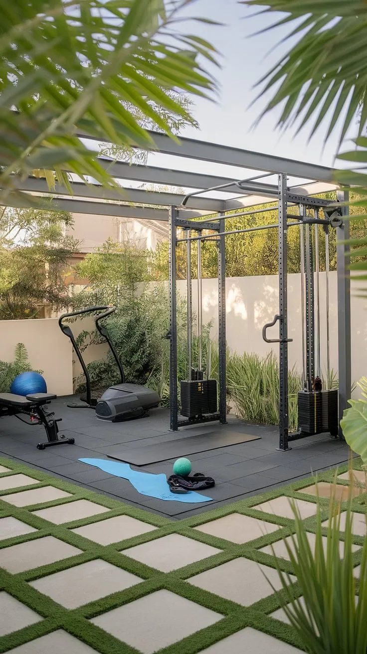 Transform your backyard into a personal sanctuary of strength and serenity. This outdoor gym design showcases the ultimate in home gym luxury: a rooftop gym and terrace gym seamlessly integrated into a lush garden. Explore these backyard gym ideas and terrace gym ideas to create your own outdoor gym, a perfect garden gym for achieving peak wellness.