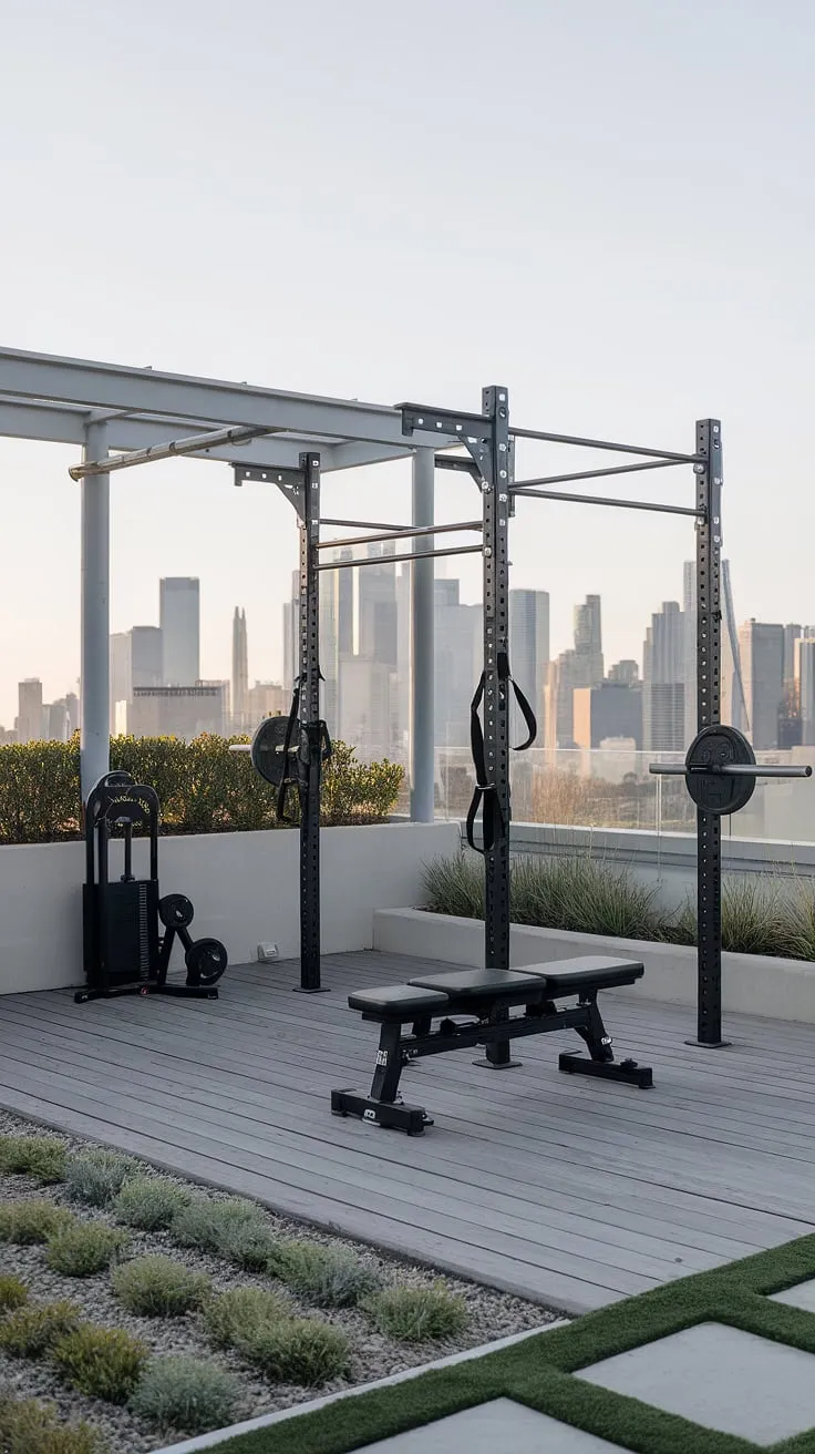 Find your zen amidst the city skyline. This serene terrace gym, with its thoughtfully designed workout stations and calming greenery, offers the perfect blend of fitness and tranquility. Explore endless backyard gym ideas and create your own outdoor wellness area with inspiring outdoor gym design.  Consider this a glimpse into the ultimate home gym, showcasing terrace gym ideas and garden gym options for your own backyard wellness retreat.