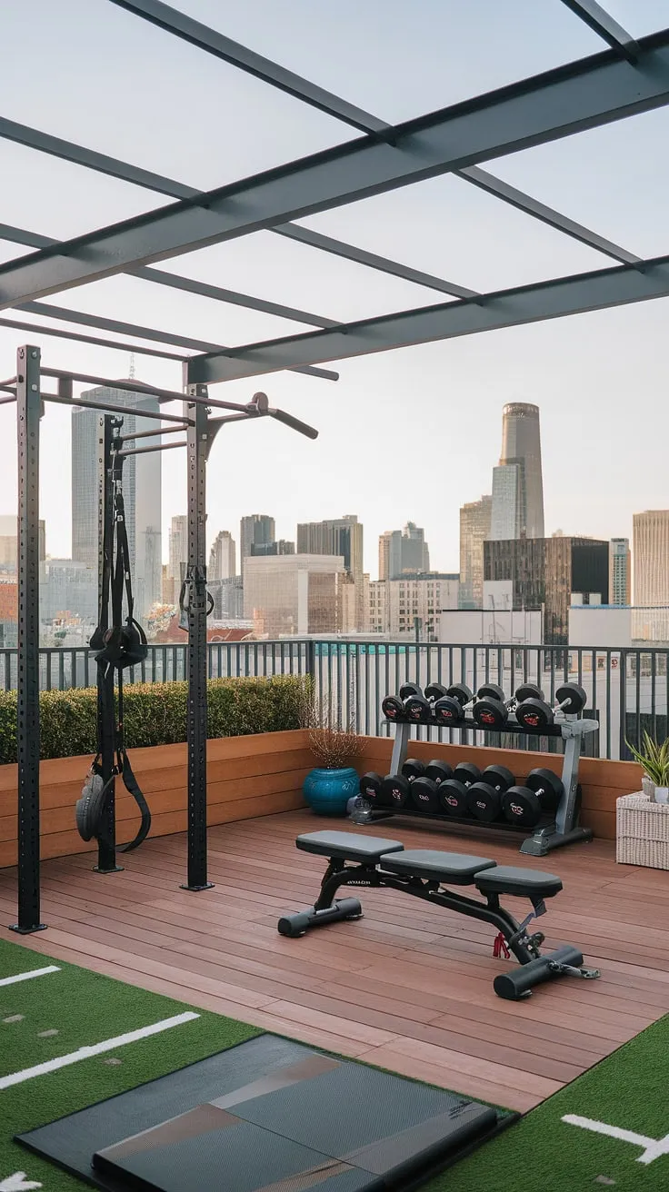 Elevate your fitness routine with this stunning terrace gym.  The perfect blend of urban living and wellness, this rooftop gym offers breathtaking city views while providing all the equipment you need for a killer workout.  Get inspired by this outdoor gym design and explore backyard gym ideas for your own backyard wellness area. Consider this home gym, a garden gym, or simply amazing outdoor gym ideas for your next project.