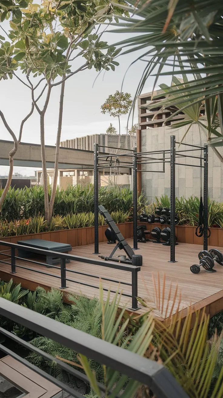 Escape the ordinary and elevate your fitness routine in this stunning terrace gym.  The perfect blend of modern architecture and lush greenery creates a tranquil backyard wellness area, offering inspiring outdoor gym ideas for your own home gym. This outdoor gym design showcases innovative terrace gym ideas, transforming a rooftop gym into a personal garden gym sanctuary.