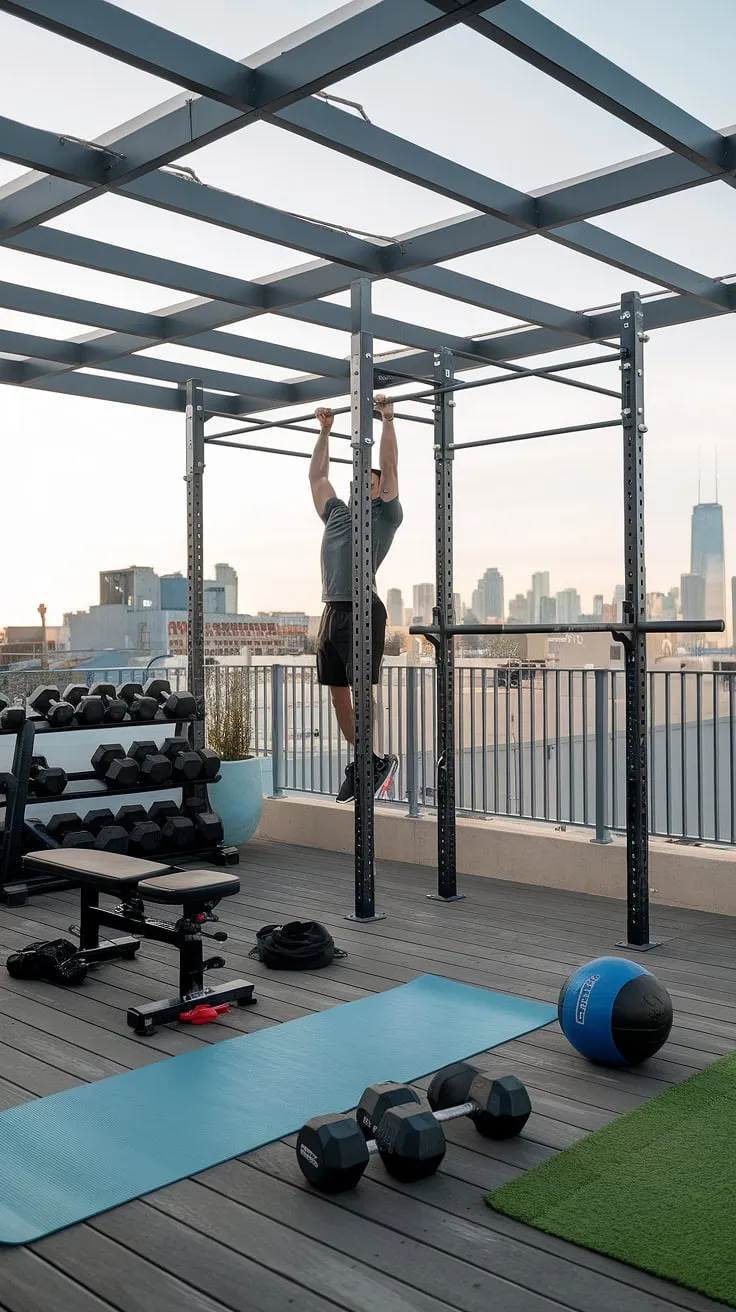 Transform your backyard into a sanctuary of strength and serenity. This inspiring outdoor gym design showcases the possibilities of a terrace gym, complete with a wood-floored workout area, stunning city views, and all the equipment you need.  Get backyard gym ideas that seamlessly blend fitness and relaxation, creating your own personal backyard wellness area. This home gym is the ultimate in terrace gym ideas.