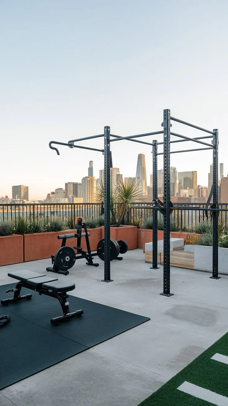 Elevate your fitness routine with this stunning terrace gym.  The perfect blend of outdoor gym design and backyard wellness area, this rooftop gym offers breathtaking city views while you sculpt your ideal physique.  Find inspiration for your own backyard gym ideas and terrace gym ideas with this inspiring outdoor gym design.  Imagine your own garden gym, a home gym with a view.