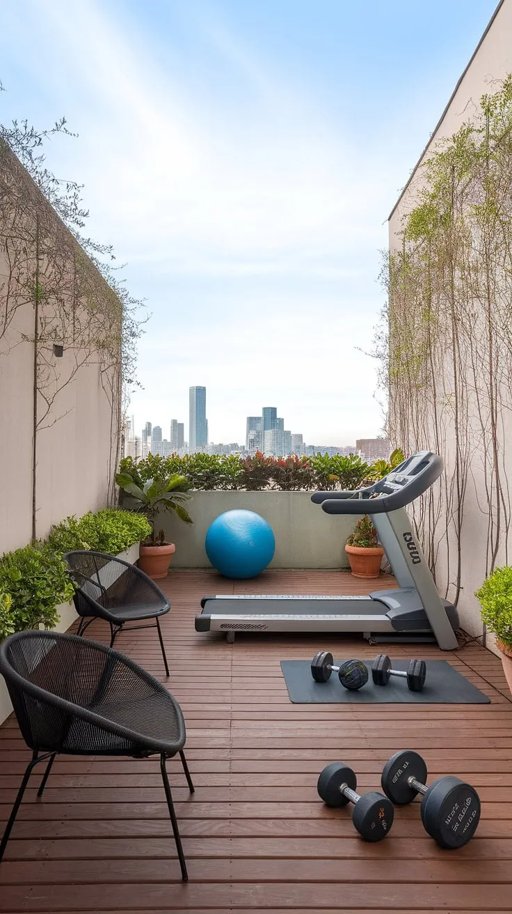 Escape the ordinary and elevate your fitness routine with this stunning rooftop terrace gym.  Imagine your daily workout transforming into a tranquil retreat, overlooking breathtaking city views. This outdoor gym design seamlessly blends backyard wellness area inspiration with practical home gym functionality, offering endless terrace gym ideas for your own backyard gym ideas.  A garden gym like this is the ultimate in outdoor gym ideas.