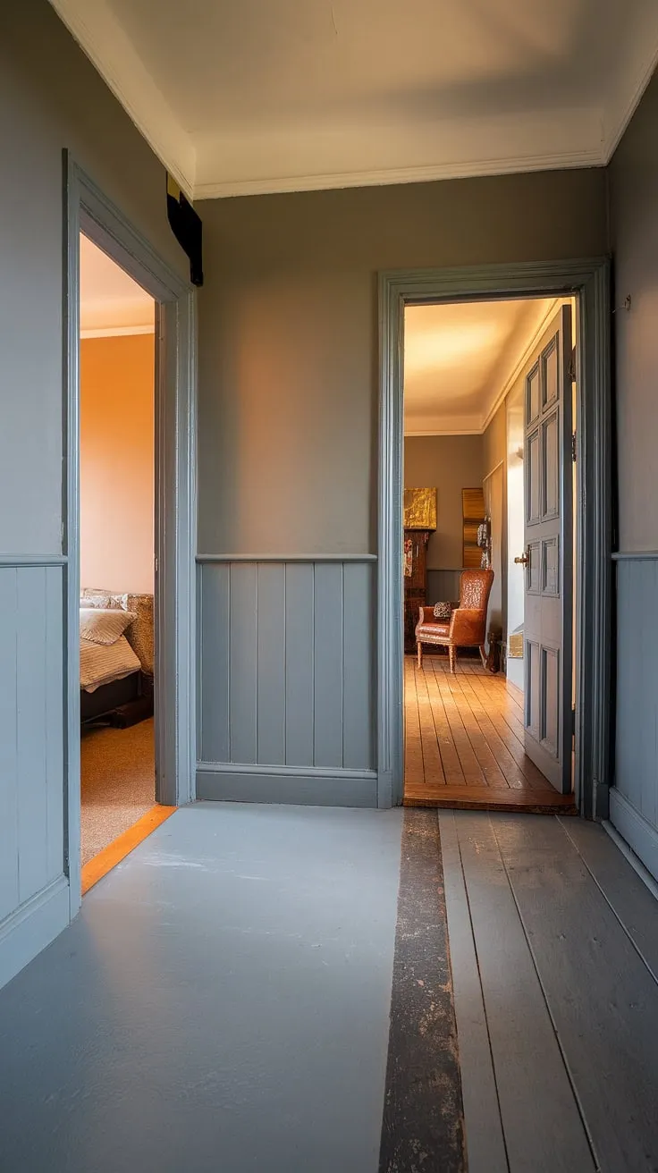 Warm light spills across the grey hallway of this Victorian terraced house, its entrance halls hinting at the Victorian parlor and Victorian bedroom within. The subtle floor transition from grey to wood adds depth to the hallway colours of this stunning Victorian hallway.