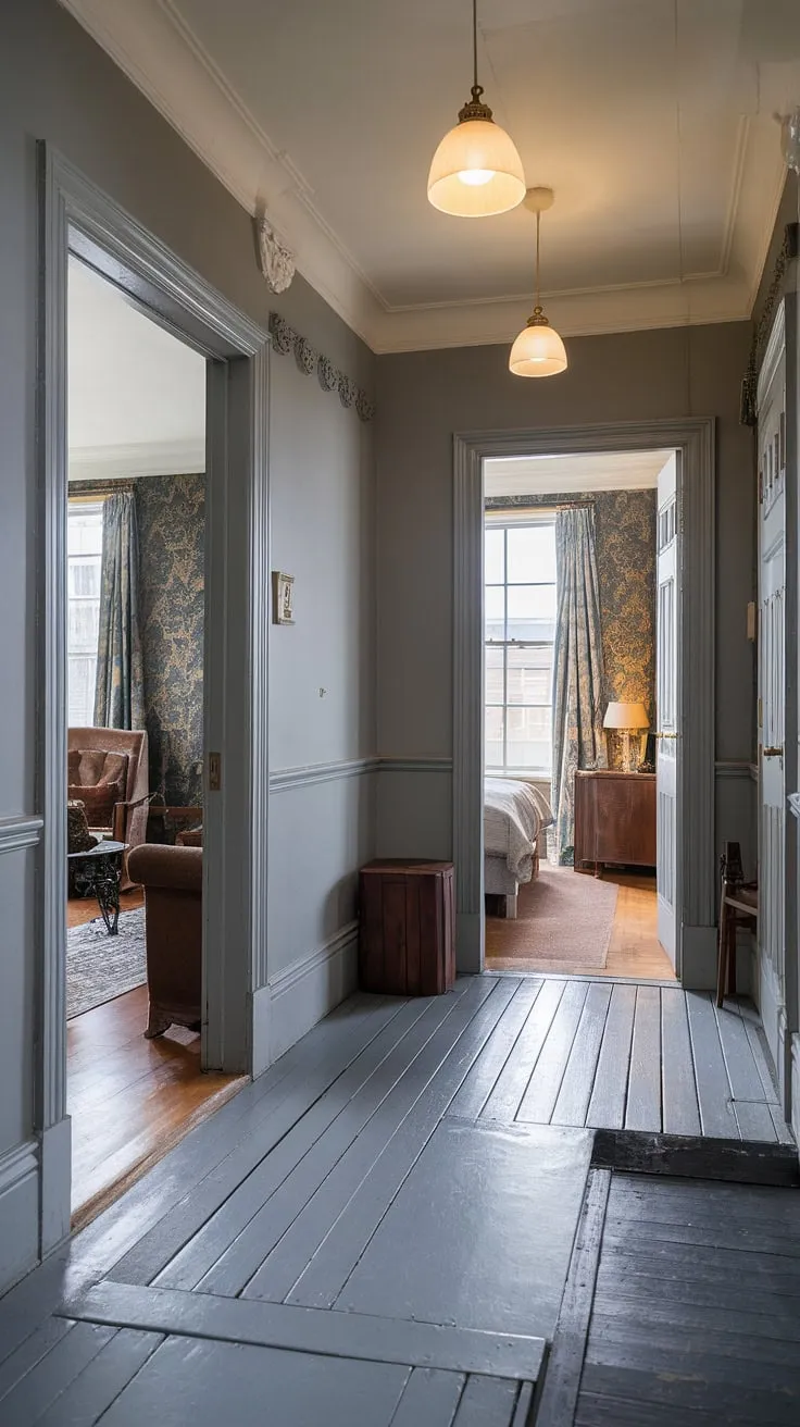 Step into the elegant grey hallway of this Victorian terraced house, where a subtle floor transition guides you between the Victorian parlor and Victorian bedroom. The hallway colours and intricate wall patterns whisper tales of bygone eras.