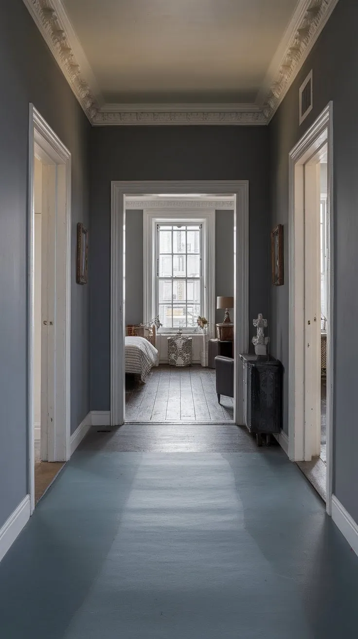 Step into the hushed elegance of this Victorian hallway. The grey hallway's floor transition guides you from a dark Victorian parlor to a lighter Victorian bedroom, a testament to the architectural detail found within this stunning Victorian terraced house.