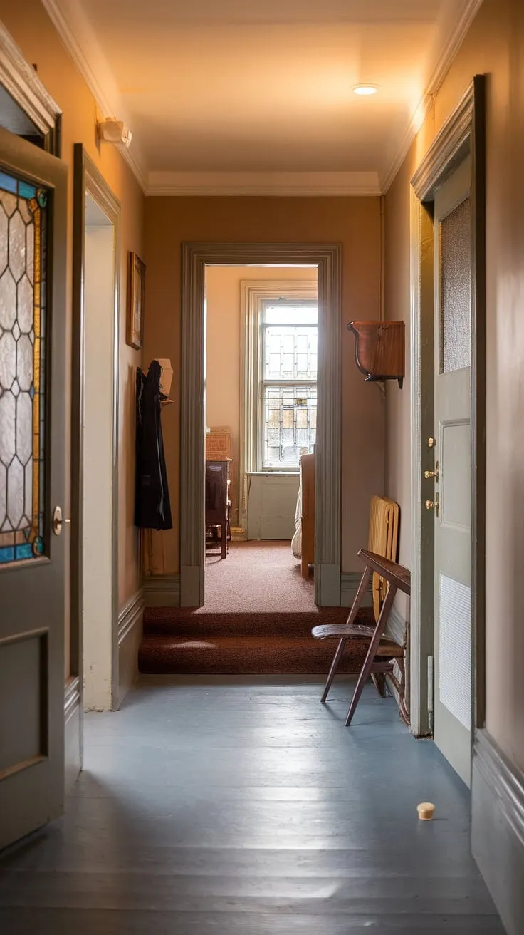 Warm light spills across the grey hallway of this Victorian terraced house, highlighting the elegant floor transition from carpet to grey tiles. The hallway colours, a calming beige and grey, set the stage for a glimpse into the Victorian bedroom and hint at the Victorian parlor beyond. A stained-glass window graces one door, adding character to these beautiful entrance halls. A coat rack and chair add to the homey atmosphere of this classic Victorian hallway.
