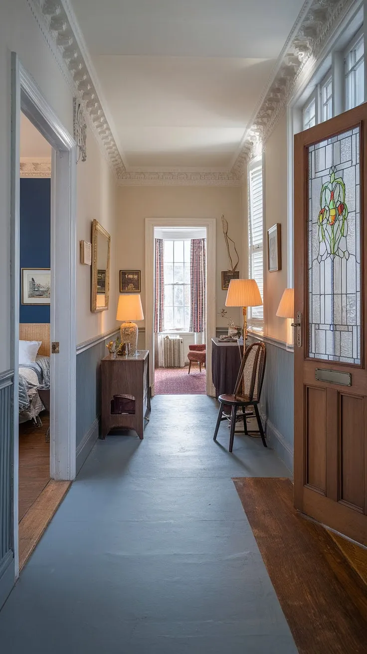 The elegant grey hallway of this Victorian terraced house showcases a beautiful floor transition from grey tiles to rich wood, leading to both a Victorian bedroom and a Victorian parlor. Intricate decorative mouldings adorn the white walls, complemented by the soft glow of lamps, a stylish mirror, and a comfortable chair. The stained-glass window in the parlor door adds a touch of colour to the hallway colours, creating a captivating entrance halls experience within this stunning Victorian home.