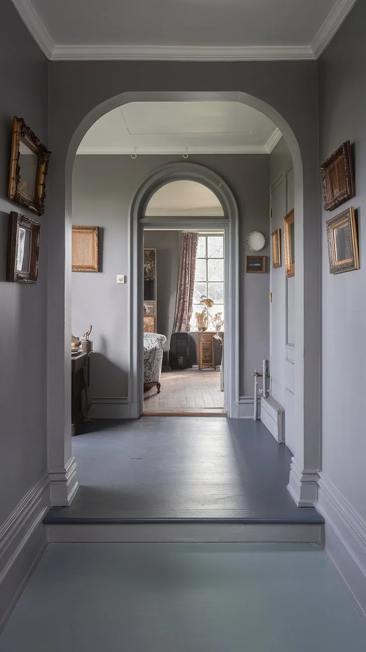 Step into the serene grey hallway of this Victorian terraced house, where a subtle floor transition guides you towards a Victorian parlor and Victorian bedroom beyond the decorative archway. The hallway colours and vintage frames create a captivating atmosphere in these elegant entrance halls.
