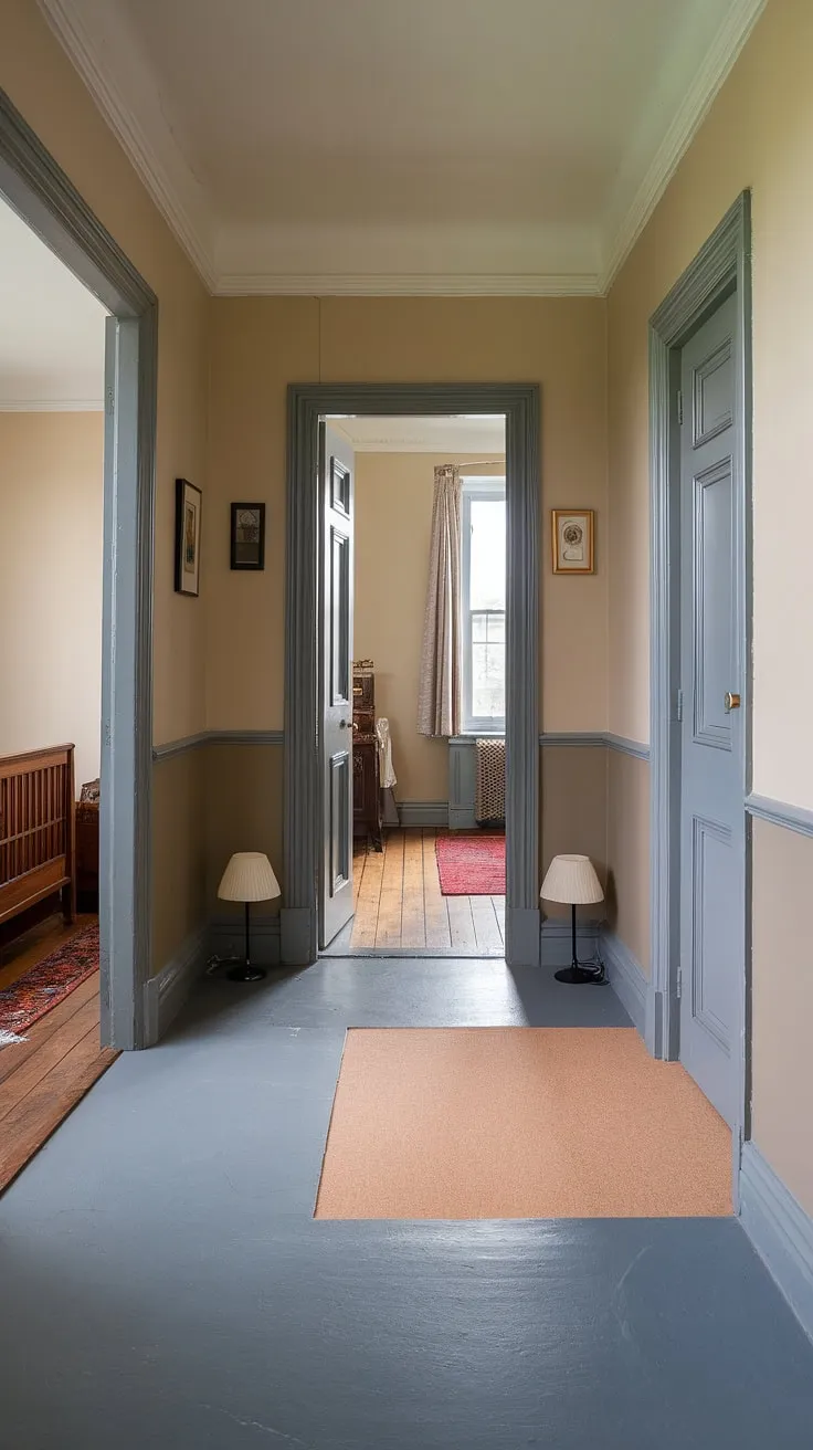 The grey hallway of this Victorian terraced house, with its subtle floor transition to beige, creates a captivating entrance. The hallway colours are beautifully muted, leading to a glimpse of a Victorian bedroom beyond the open door, its wooden bed frame partially visible, and a closed Victorian parlor door further down. Two lamps rest on the beige flooring, completing the scene.