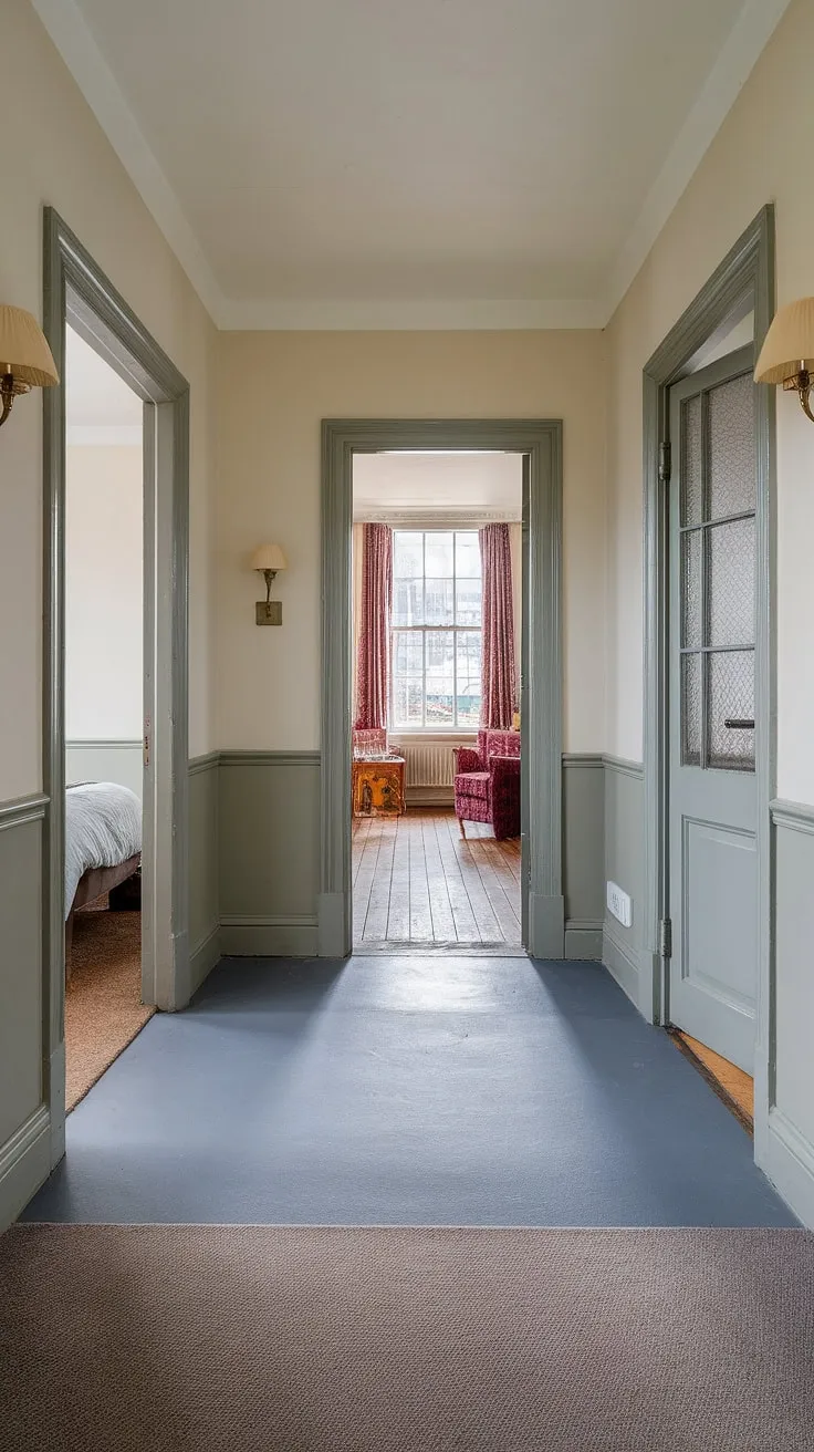 A captivating Victorian hallway, where grey flooring meets plush carpet. This elegant terrace hallway, within a Victorian terraced house, offers a glimpse into the past, with doors leading to a Victorian bedroom and parlor, highlighting the beautiful hallway colours and unique floor transition.