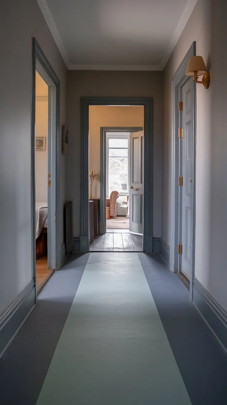 A captivating glimpse into the heart of a Victorian terraced house: a grey hallway, its light grey walls contrasting with a dramatic floor transition from light to dark grey. The Victorian hallway's muted light highlights the doors leading to a Victorian bedroom and Victorian parlor, creating an air of mystery within these classic entrance halls. The overall effect is one of understated Victorian elegance.