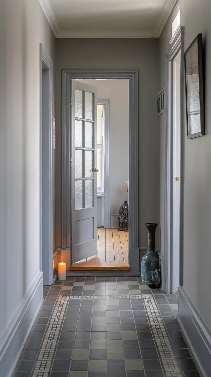 A captivating floor transition marks the journey through this grey hallway in a Victorian terraced house; from patterned tiles to the warm wood of a Victorian bedroom or parlor beyond. The hallway colours perfectly complement the Victorian hallway's elegant charm.