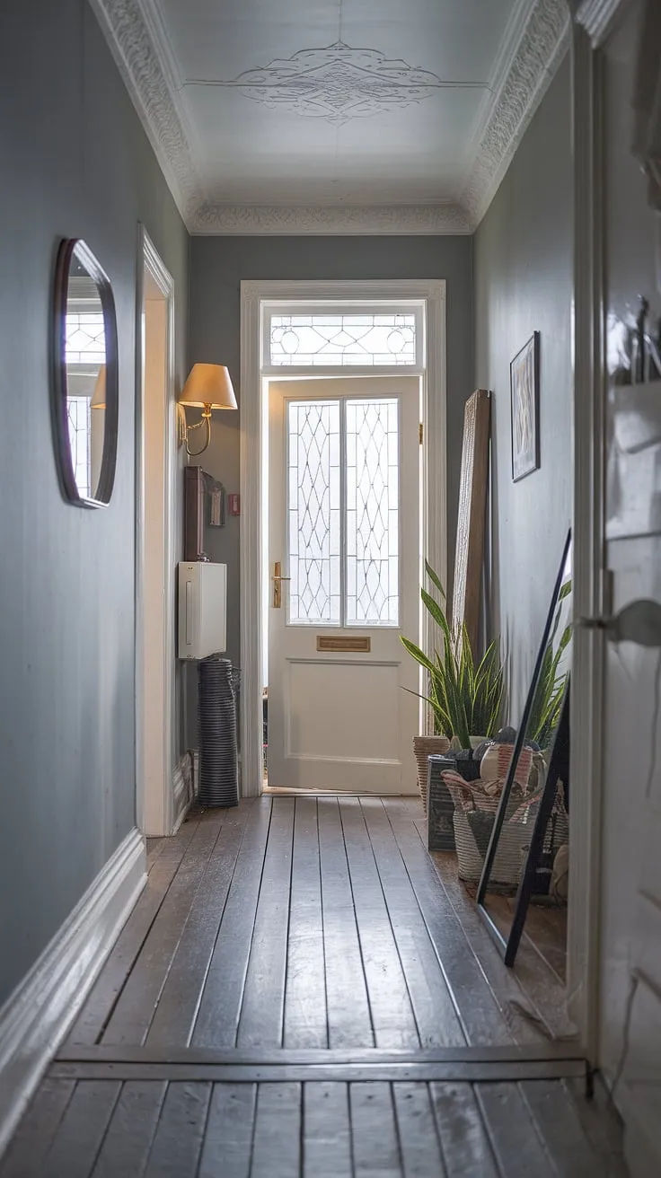 A muted palette defines the hallway colours in this Victorian hallway, a grey hallway showcasing the elegant simplicity of a Victorian terraced house. The wooden floor, complete with a noticeable floor transition near the door, guides the eye towards the Victorian bedroom or Victorian parlor beyond. Intricate ceiling patterns and a wall-mounted lamp enhance the character of these entrance halls.