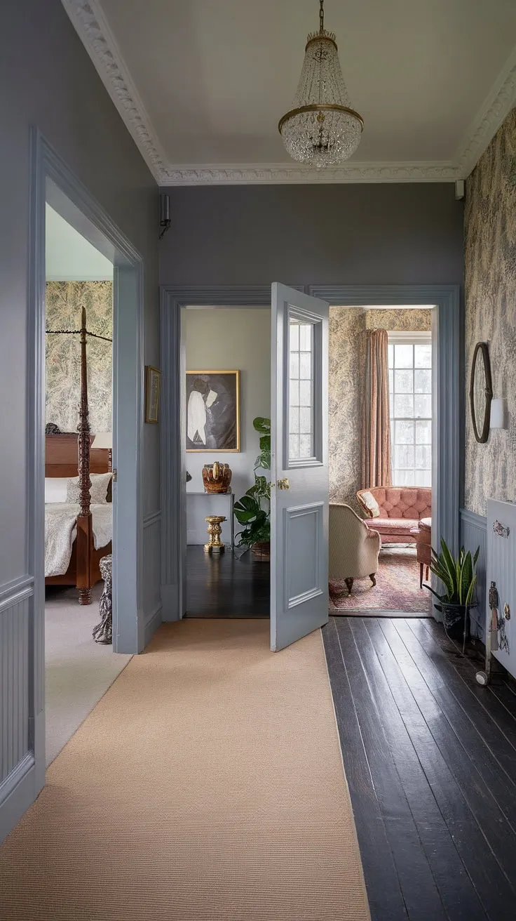 Step into this stunning Victorian terraced house, where the grey hallway's hallway colours create a dramatic backdrop. A subtle floor transition from beige carpet in the entrance halls to dark wood marks the way to a Victorian bedroom and Victorian parlor glimpsed through open doors. Floral wallpaper, a chandelier, coat stand, plant, and mirror add to the charm of this elegant Victorian hallway.