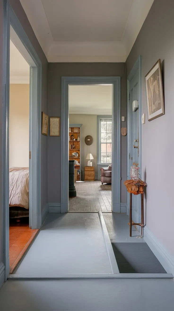 Step back in time through this elegant grey hallway, a captivating blend of Victorian charm and modern simplicity. The floor transition marks the passage from the terrace hallway to a cozy Victorian bedroom, beyond the Victorian parlor and grand entrance halls.