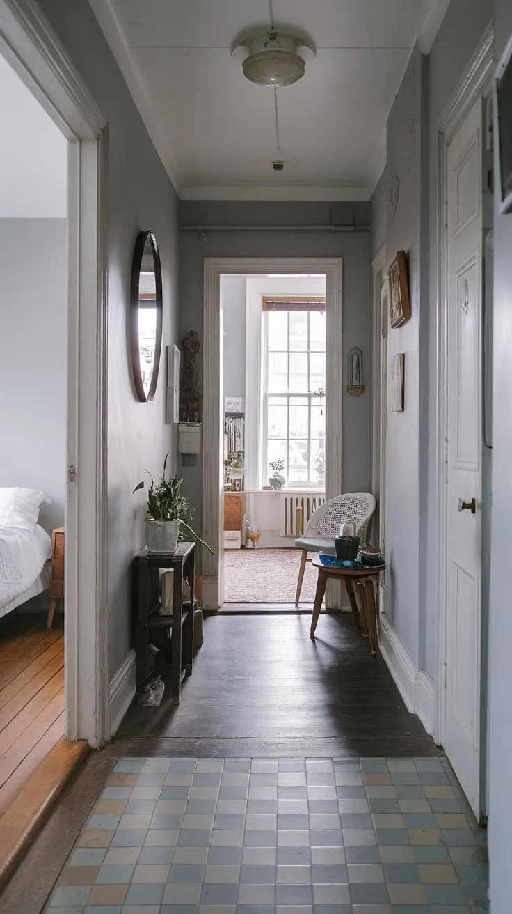 A captivating grey hallway, a hallmark of this Victorian terraced house. The subtle floor transition and carefully chosen furniture create a welcoming atmosphere in this elegant Victorian hallway, hinting at the Victorian bedroom and Victorian parlor awaiting within.