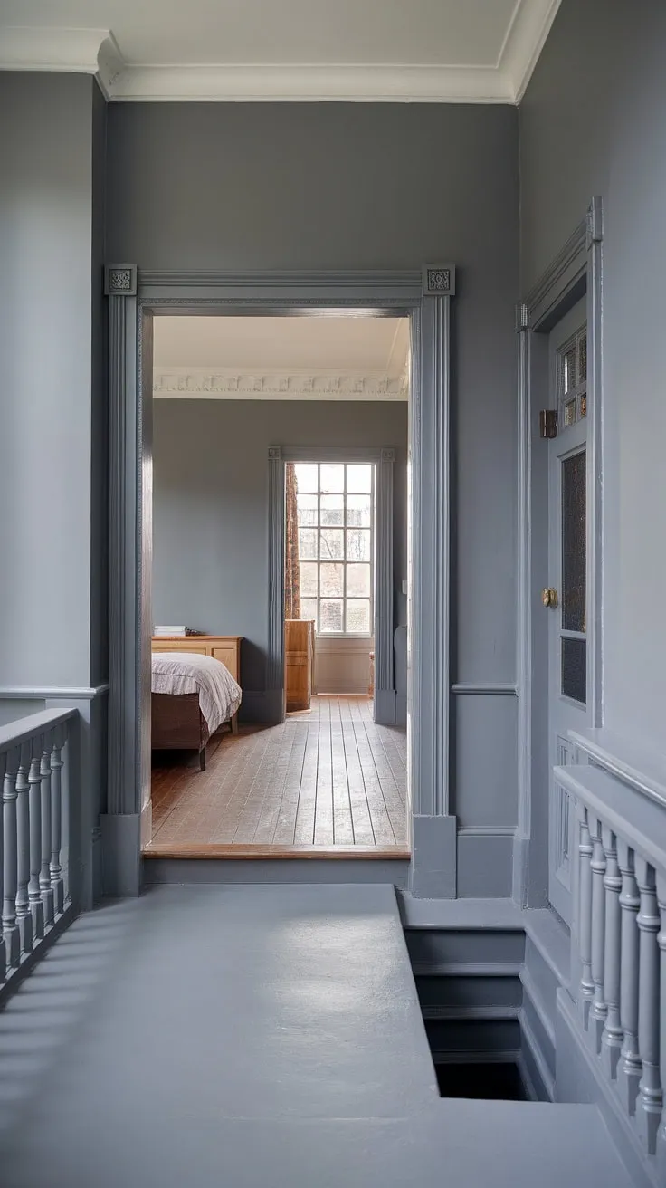 A stunning grey hallway, the heart of this Victorian terraced house. Note the elegant floor transition between the Victorian parlor and Victorian bedroom, all culminating in access to a private terrace. A true testament to beautiful entrance halls.