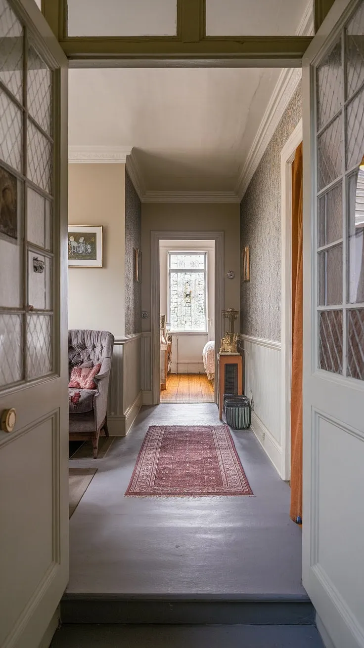 The grey hallway of this Victorian terraced house showcases a stunning floor transition, its patterned white walls hinting at the elegance within. A plush rug anchors the space, leading towards both a Victorian parlor to the left and a Victorian bedroom to the right. The hallway colours create a sophisticated backdrop to this beautiful entrance halls, framed by a glass-paned door at the entrance.
