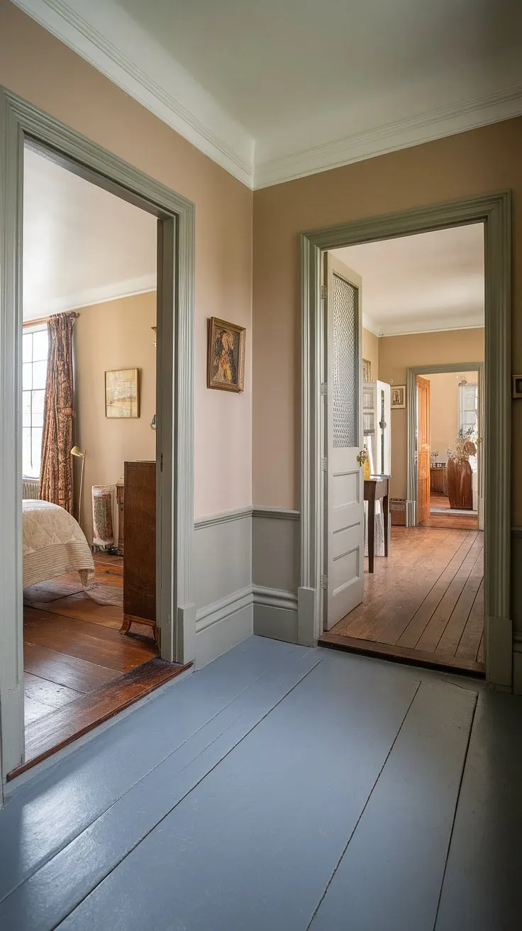 A captivating Victorian hallway, bathed in light. The grey hallway's floor transition guides you through this Victorian terraced house, towards a charming Victorian bedroom and parlor beyond. Note the beautiful hallway colours in this stunning entrance halls.