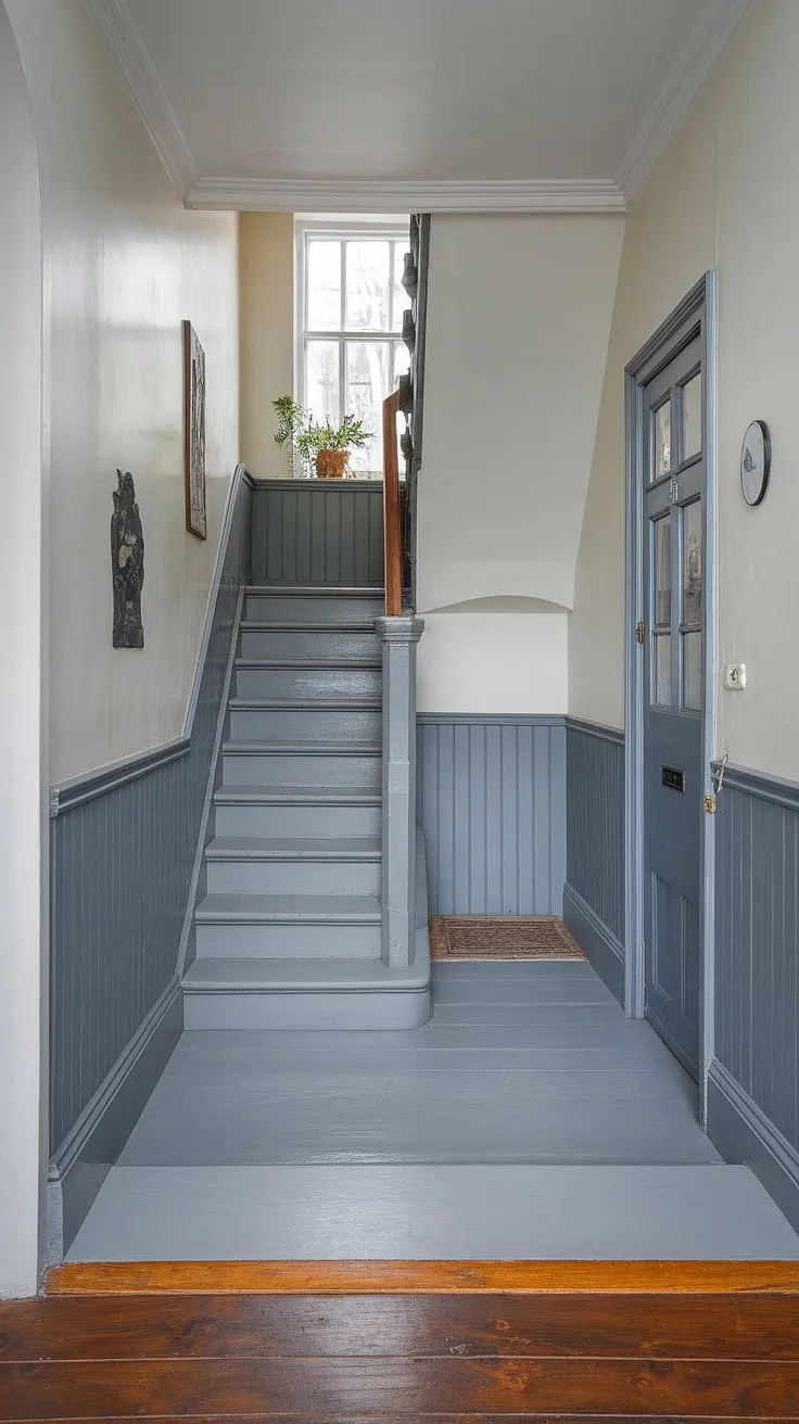 This Victorian hallway, with its grey floor and charming entrance halls, showcases the beauty of a Victorian terraced house. Note the clever floor transition and the glimpse of light from the window above the stairs.