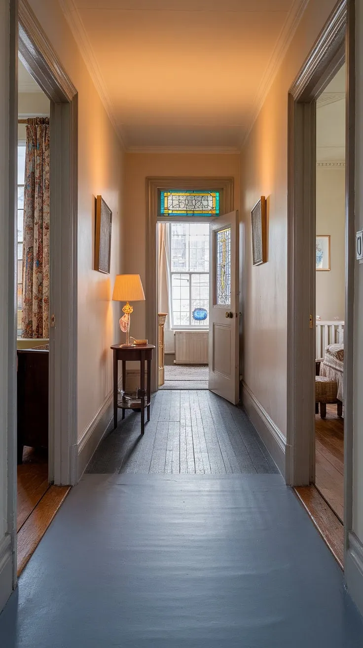 The grey hallway of this Victorian terraced house welcomes you with a gentle floor transition to polished wood, creating a sophisticated entrance. The hallway colours are calming, complementing the Victorian parlor's stained-glass detail on the left and the quiet elegance of the Victorian bedroom on the right. This meticulously preserved Victorian hallway showcases the timeless appeal of these terraced houses.
