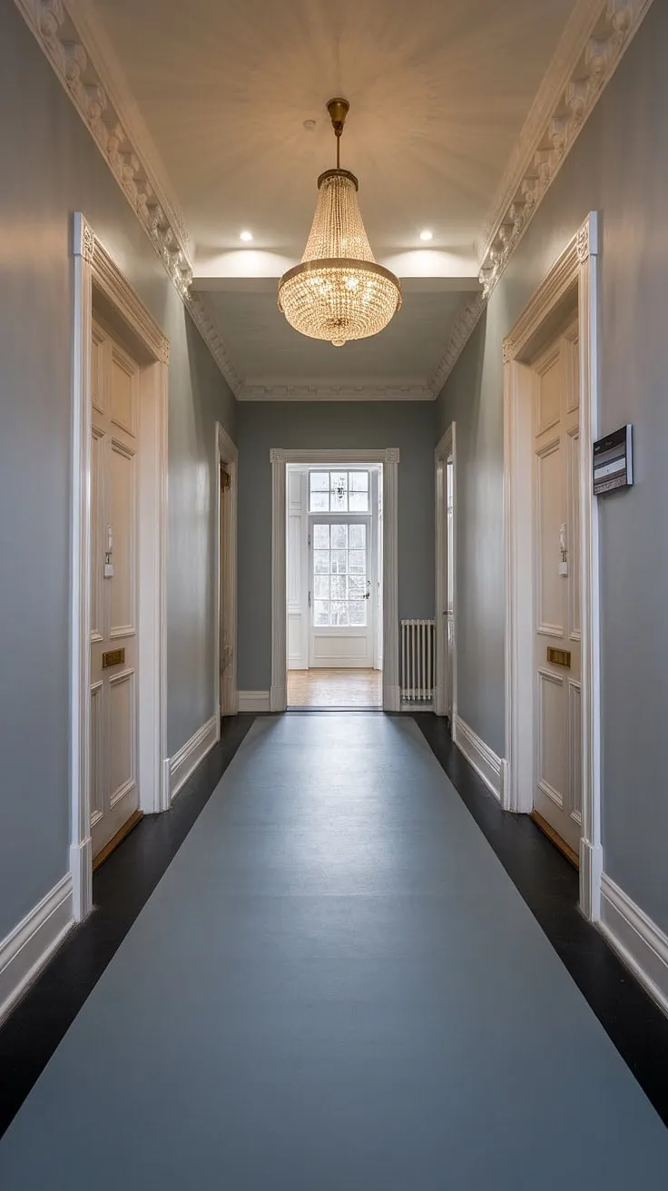 The grandeur of this Victorian terraced house is immediately apparent in its elegant entrance halls. The grey hallway, with its subtle floor transition from light to dark grey, stretches towards a magnificent chandelier illuminating the high ceiling. Intricate decorative mouldings adorn the walls, hinting at the Victorian bedroom and Victorian parlor beyond the doors flanking the hallway.