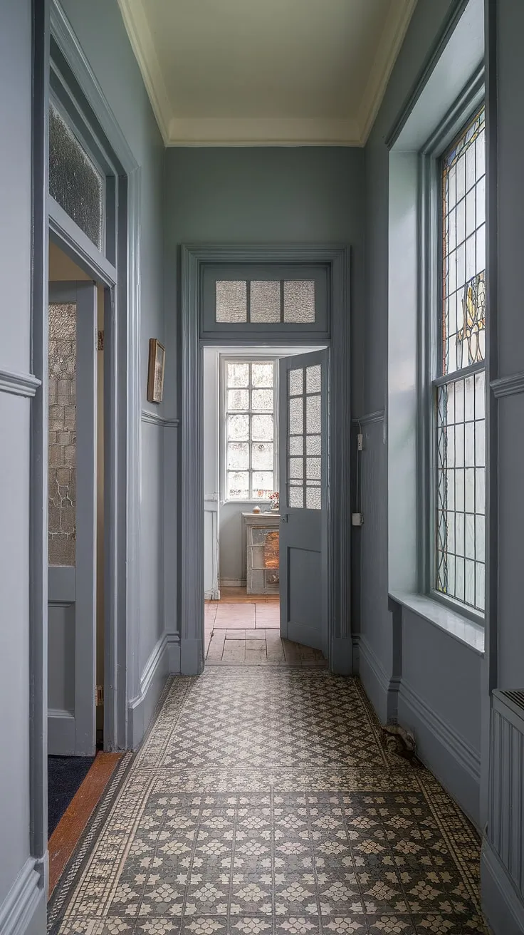The grey hallway of this Victorian terraced house exudes quiet elegance. High ceilings and a patterned floor create a sense of grandeur, while the subtle hallway colours enhance the period features. A floor transition marks the change between the entrance halls and the adjoining rooms; one, a Victorian bedroom, is hinted at by a door with a transom window, while the other, possibly a Victorian parlor, is suggested by a stained-glass window.