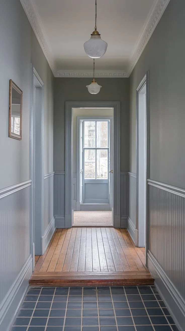 The subtle elegance of a Victorian hallway: note the floor transition where the wood of the Victorian parlor meets the tiles of the Victorian bedroom. This grey hallway, a hallmark of this Victorian terraced house, makes a striking impression in its entrance halls.