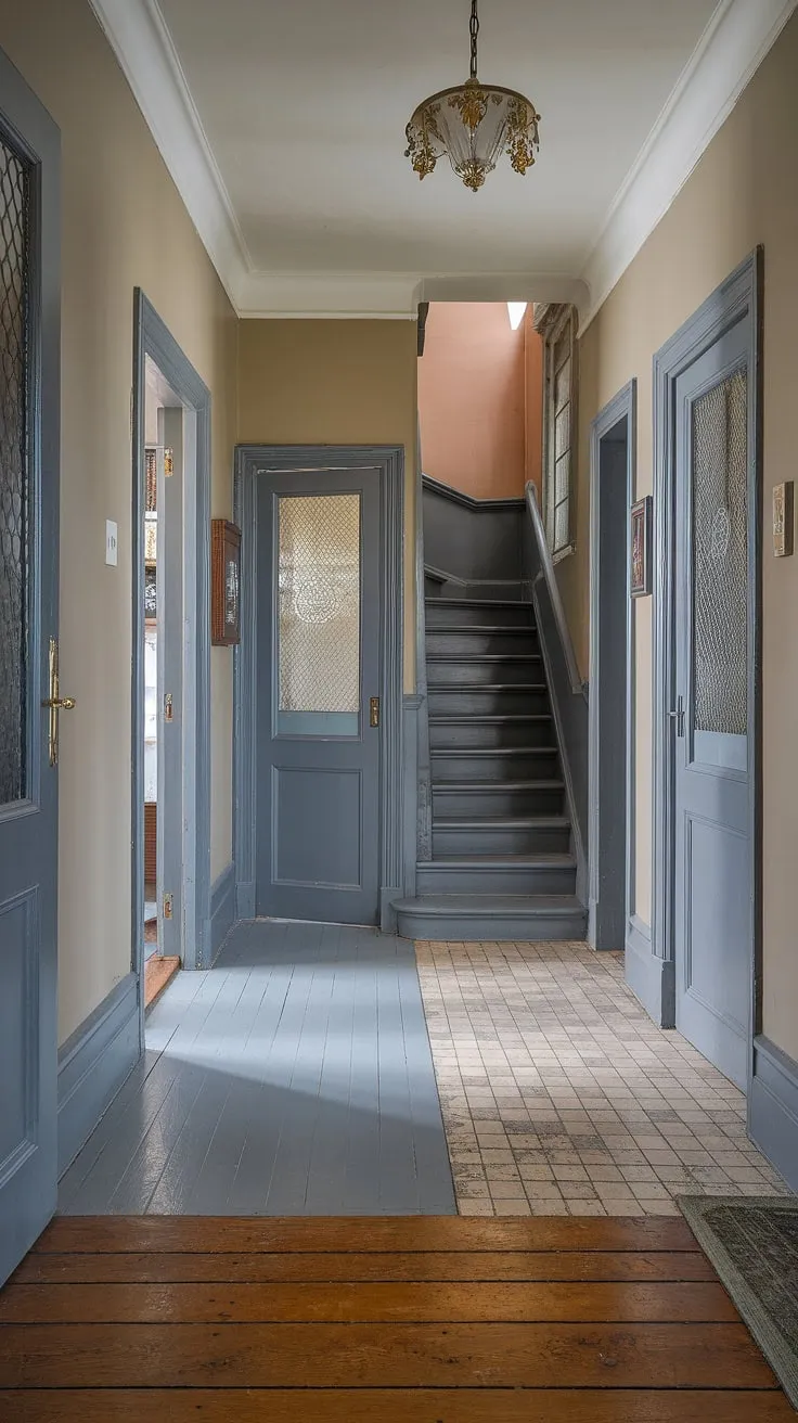 Step into this Victorian hallway, a captivating blend of grey hallway and warm beige walls. The floor transition from polished wood to aged tiles guides you through this Victorian terraced house, past ornate doors hinting at a Victorian parlor and Victorian bedroom within.