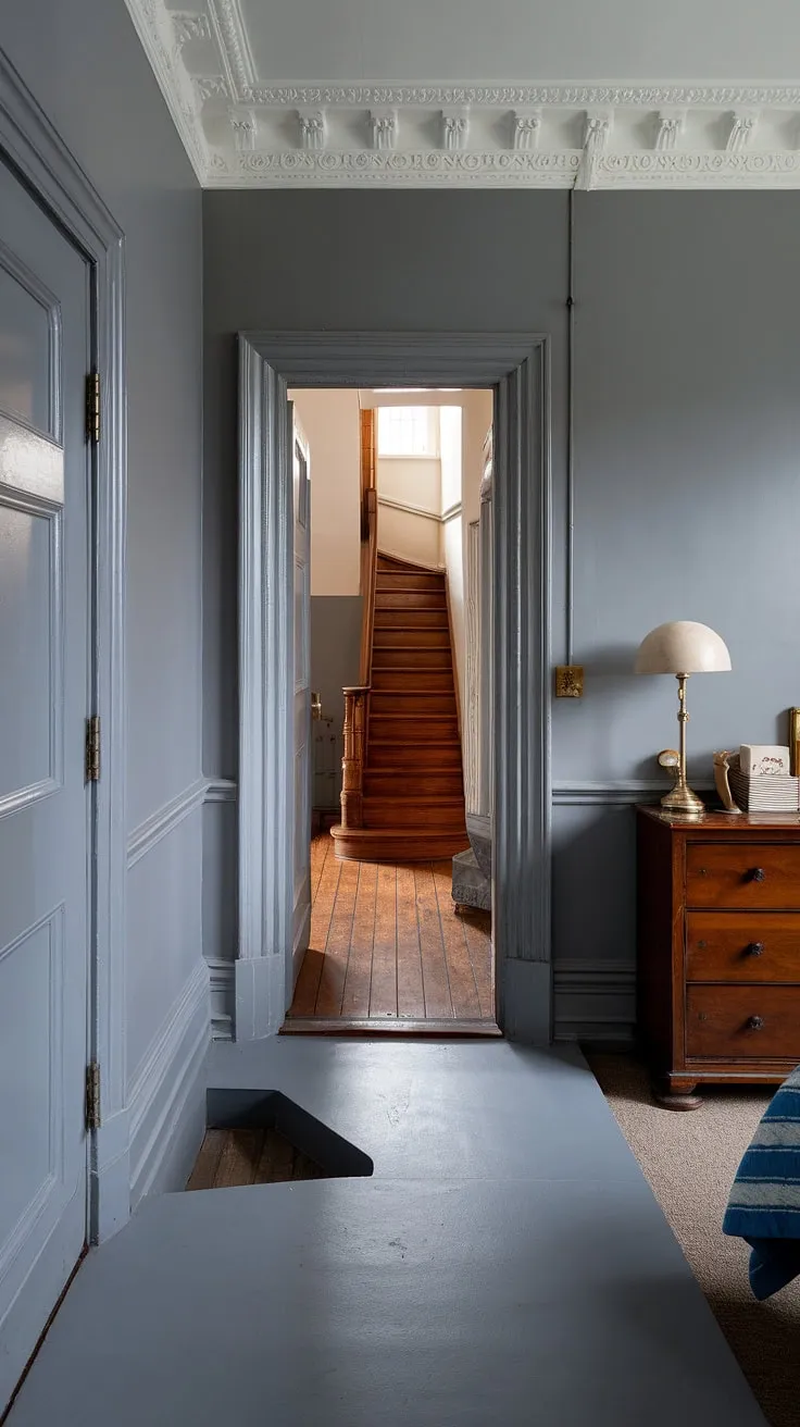 The grey hallway of this Victorian terraced house exudes timeless charm. A distinct floor transition marks the passage from the main entrance halls to the terrace hallway beyond. To the left, a Victorian parlor beckons, while a Victorian bedroom lies to the right. The hallway colours, complemented by ornate mouldings, create a captivating atmosphere within this stunning Victorian hallway. The wooden staircase ascending from the terrace hallway completes the picture of refined Victorian living.