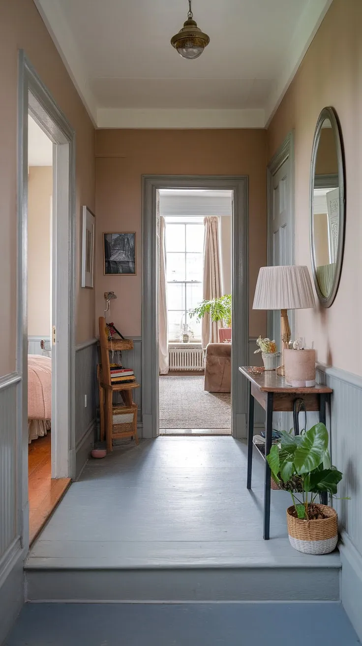 A glimpse into the heart of a Victorian terraced house: this grey hallway, with its subtle hallway colours and thoughtful placement of a plant and lamp, sets the tone for the Victorian bedroom and Victorian parlor awaiting beyond the floor transition in these beautiful entrance halls.