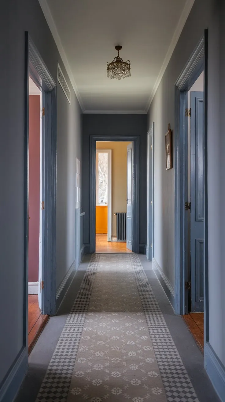 Step into the grandeur of this Victorian hallway. The subtle floor transition in the grey hallway of this Victorian terraced house adds depth to the already striking entrance halls, hinting at the vibrant colours of the Victorian parlor and Victorian bedroom beyond.