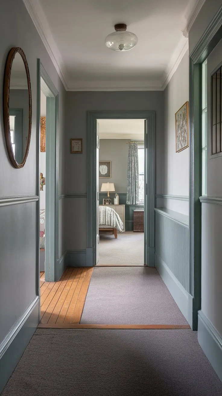 Step into the elegant serenity of this grey hallway, where a Victorian terraced house's rich history unfolds. The floor transition marks the passage to a Victorian bedroom and parlor, showcasing the home's thoughtful design and captivating hallway colours.