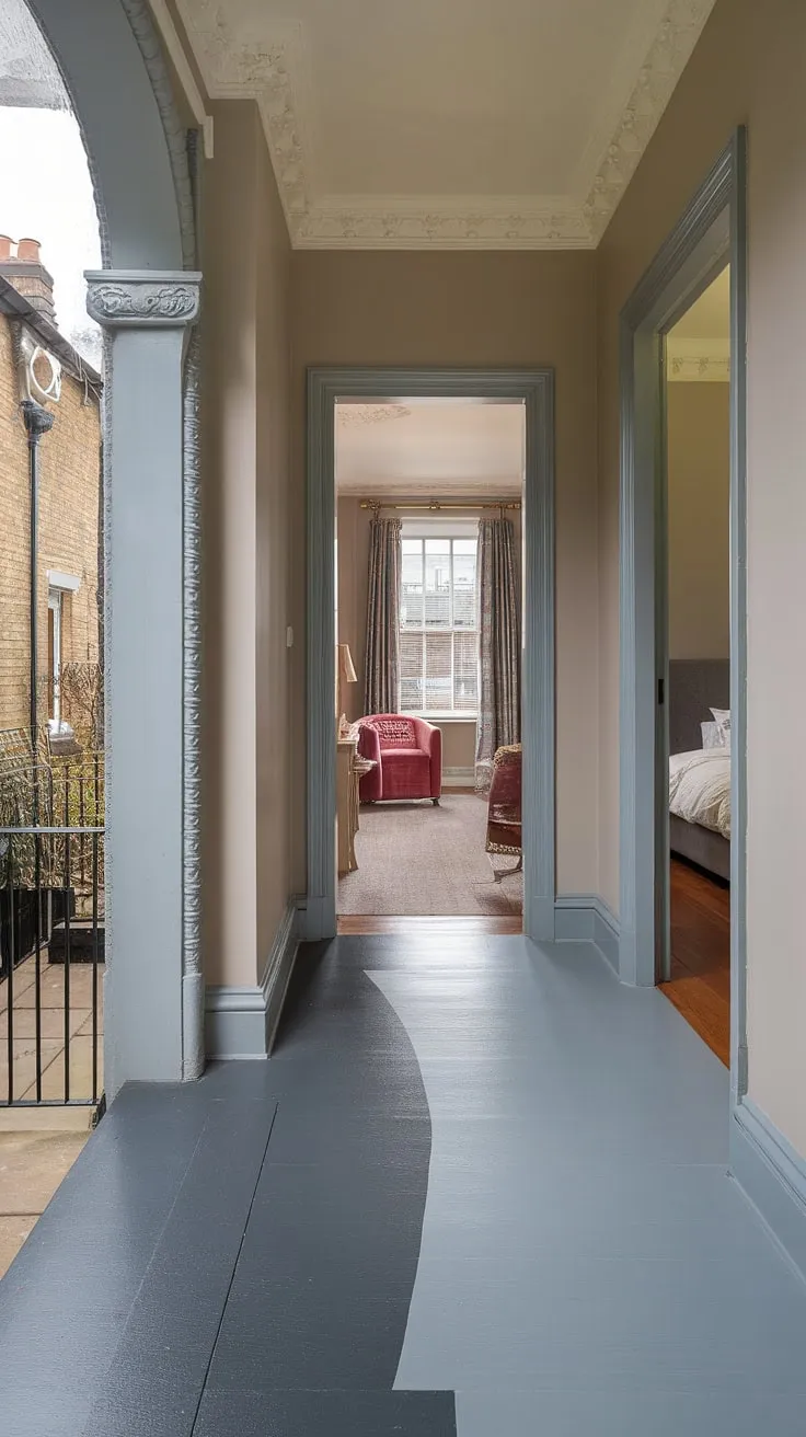 Step into the elegant grey hallway of this Victorian terraced house, where a subtle floor transition from dark to light grey guides you through the spacious entrance halls. The soft beige walls and ornate mouldings enhance the grandeur of the Victorian hallway, leading to a charming Victorian parlor and a cozy Victorian bedroom beyond. A glimpse of the terrace is visible from the hallway, completing this picture of period charm.