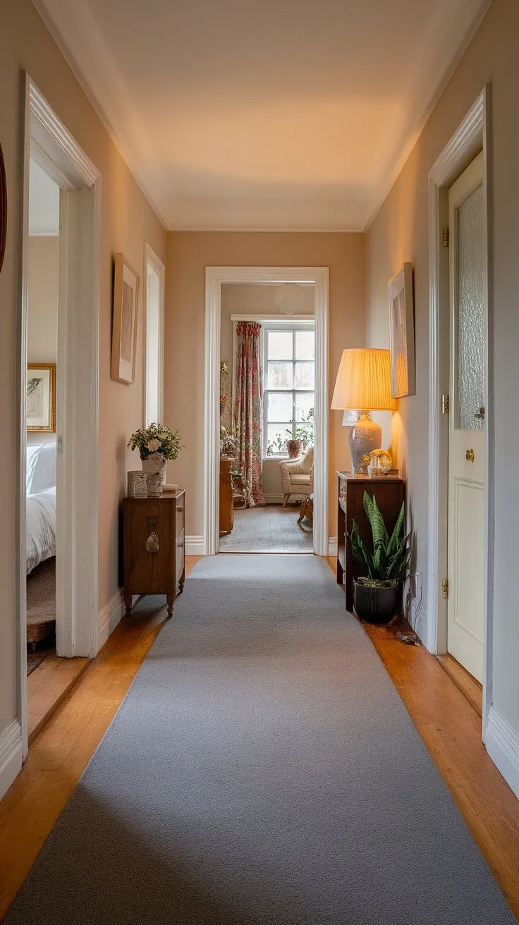The grey hallway of this Victorian terraced house unfolds, a subtle floor transition marking the change from plush carpet to gleaming wood. The soft hues of the walls and the inviting light create a welcoming atmosphere in this Victorian hallway. Doors leading to a Victorian bedroom and Victorian parlor are subtly visible, adding to the charm of these traditional entrance halls.