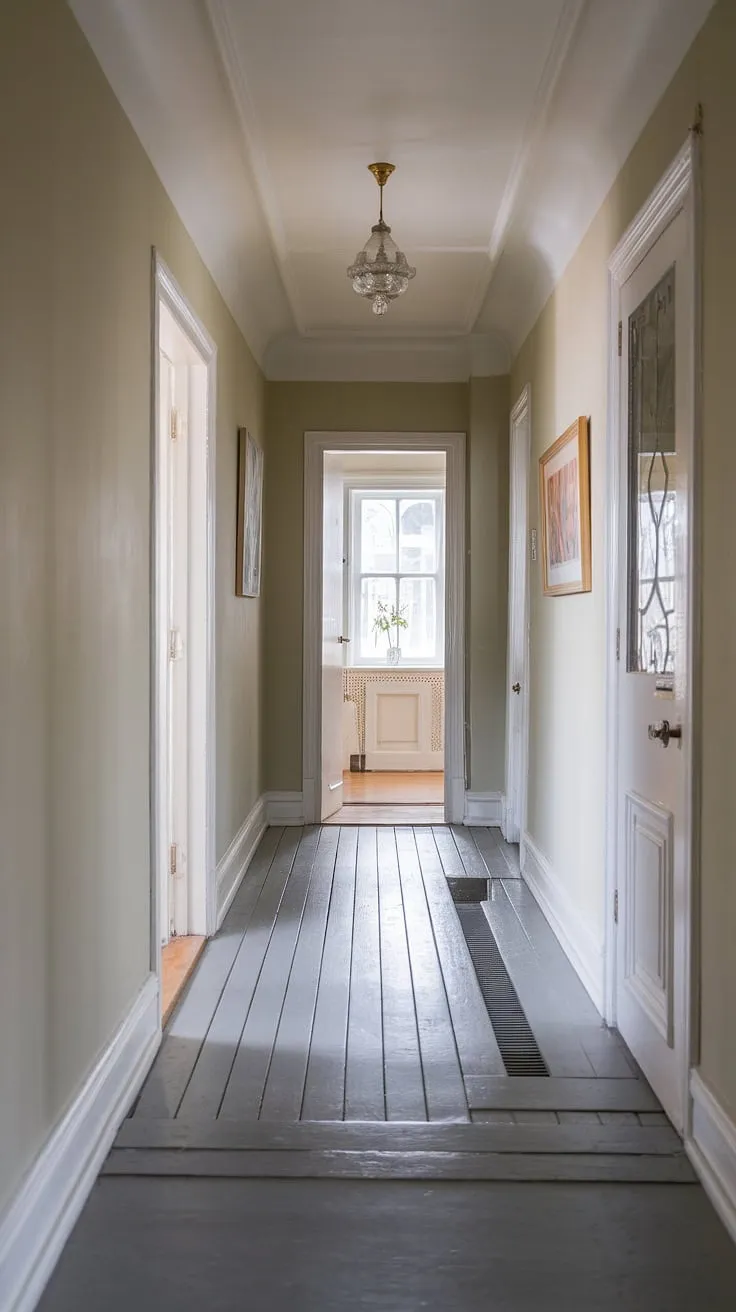 A glimpse into the captivating heart of a Victorian terraced house: a grey hallway, its soft beige walls and wooden floors punctuated by a neat floor transition. This Victorian hallway, with its promise of Victorian bedrooms and a Victorian parlor, is a testament to timeless elegance.