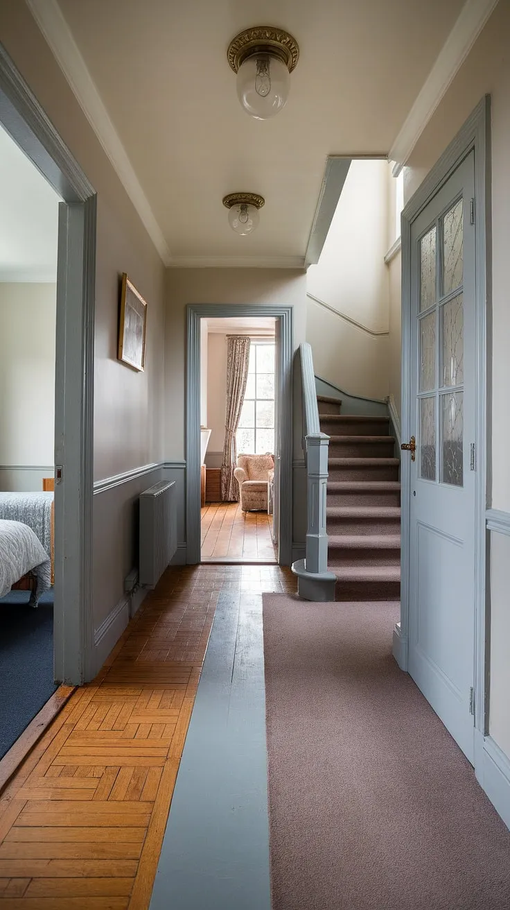 A captivating Victorian hallway, showcasing a subtle grey hallway and a striking floor transition. This Victorian terraced house boasts charming entrance halls, leading to a Victorian bedroom and Victorian parlor, all bathed in soft light.