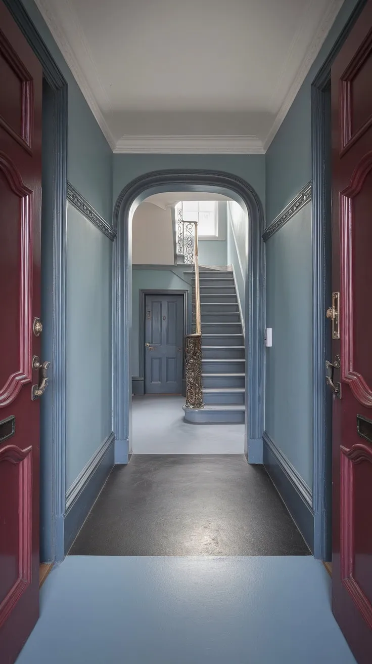 A captivating floor transition marks the journey through this grey hallway, leading from the Victorian parlor to a Victorian bedroom within this stunning Victorian terraced house. The hallway colours, soft blue walls and deep red doors, perfectly complement the ornate details of this elegant Victorian hallway.