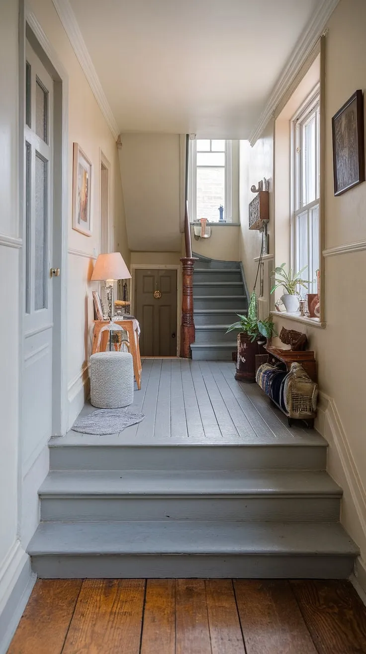 The grey hallway of this Victorian terraced house sets a sophisticated tone, the floor transition to warm wood marking the ascent to the upper levels. A glimpse of a Victorian bedroom or parlor is hinted at beyond the door at the hallway's end, while a lamp, plant, and decorative piece add character to the entrance halls of this charming Victorian home.